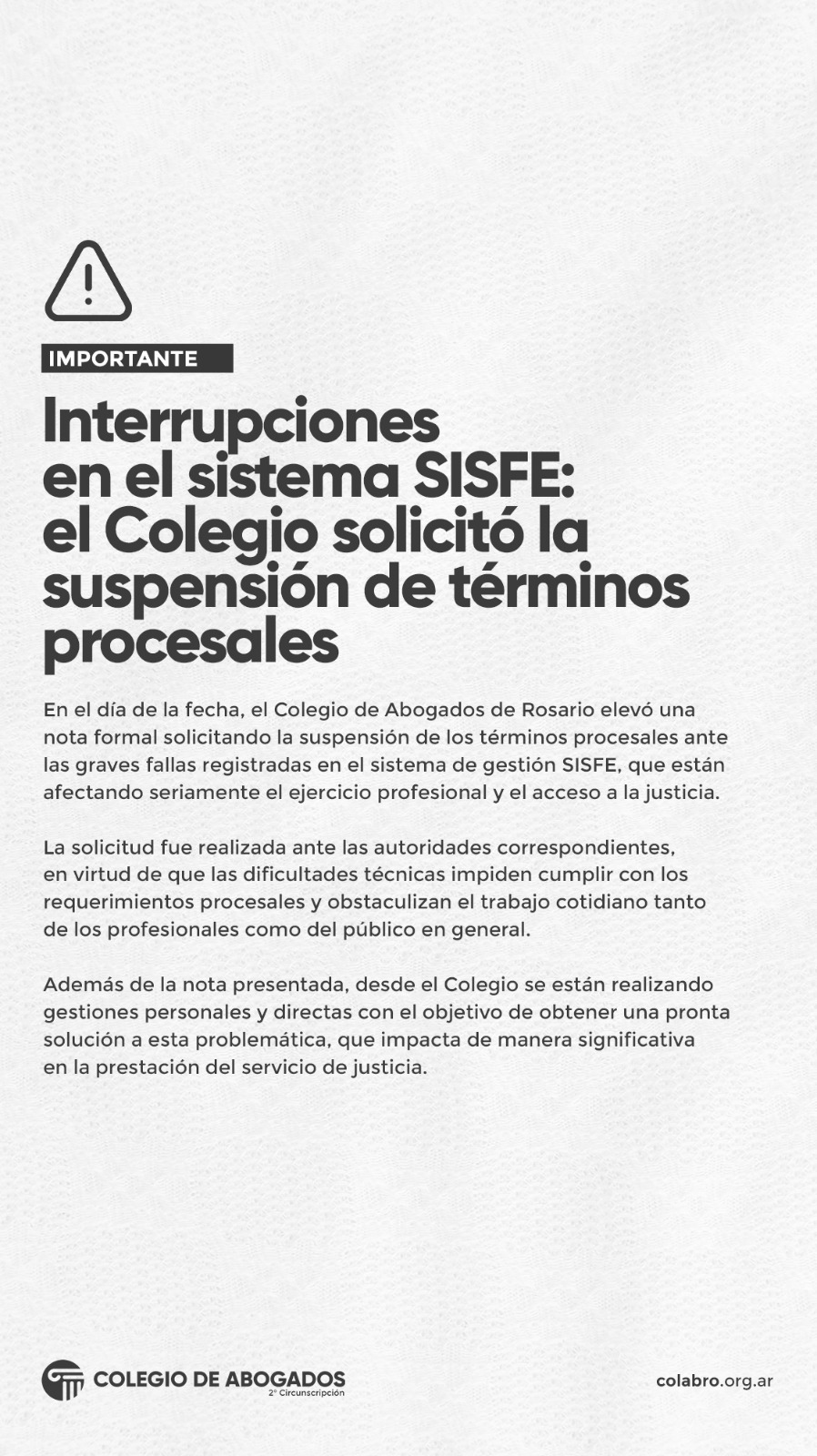 Interrupciones en el sistema SISFE: el Colegio solicitó la suspensión de términos procesales